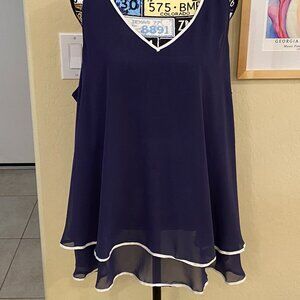 Lane Bryant Sleeveless V Neck Blouse Sz 20 Navy w/White Trim 100% Polyester